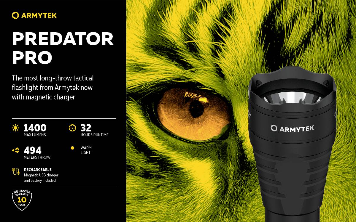 Taktische Taschenlampe 'Predator Pro' von Armytek mit 1400 Lumen, 494 m Reichweite, 32 Stunden Laufzeit, warmes Licht und Magnetladegerät.