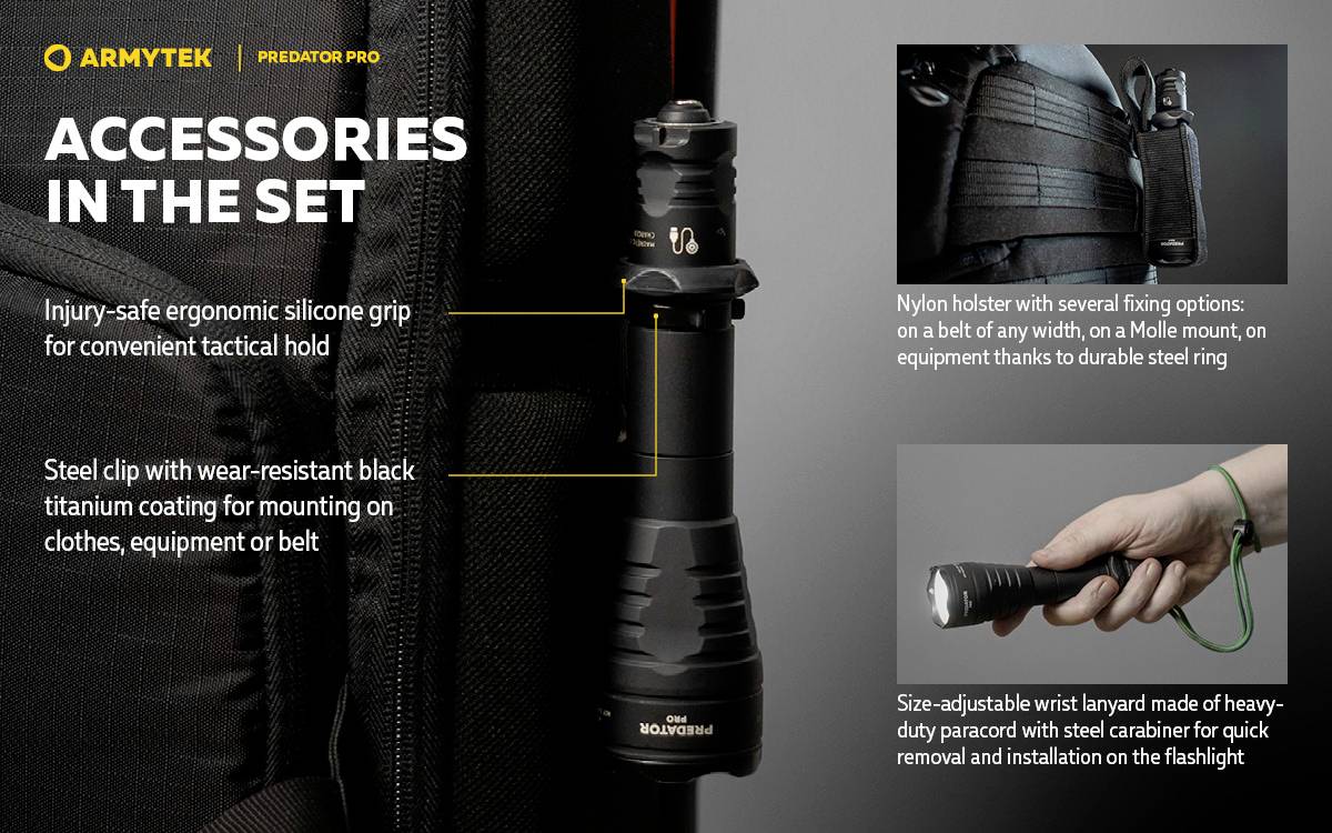 Taschenlampen-Set mit ergonomischem Griff, Nylonholster, Stahlclip und verstellbarer Trageschlaufe; ideal für taktische Einsätze.