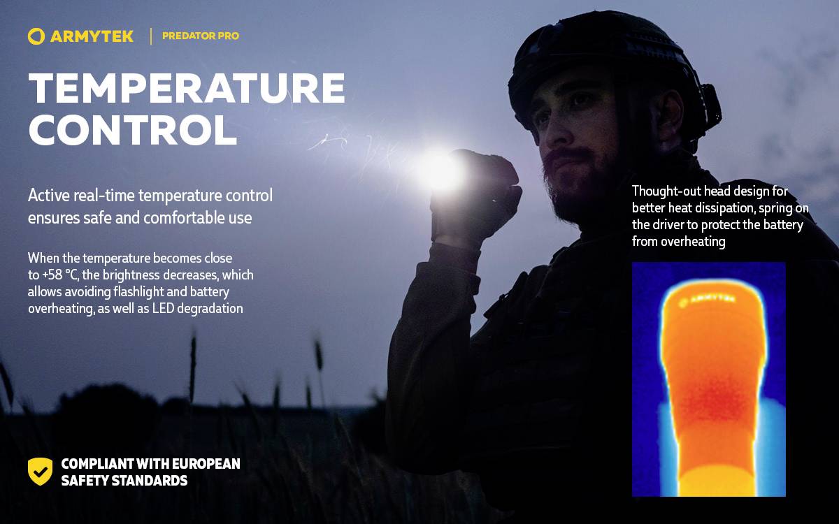 Ein Mann mit Stirnlampe hält eine leuchtende Thermokamera. Text spricht über Temperaturkontrolle und Sicherheitsstandards der Lampe.