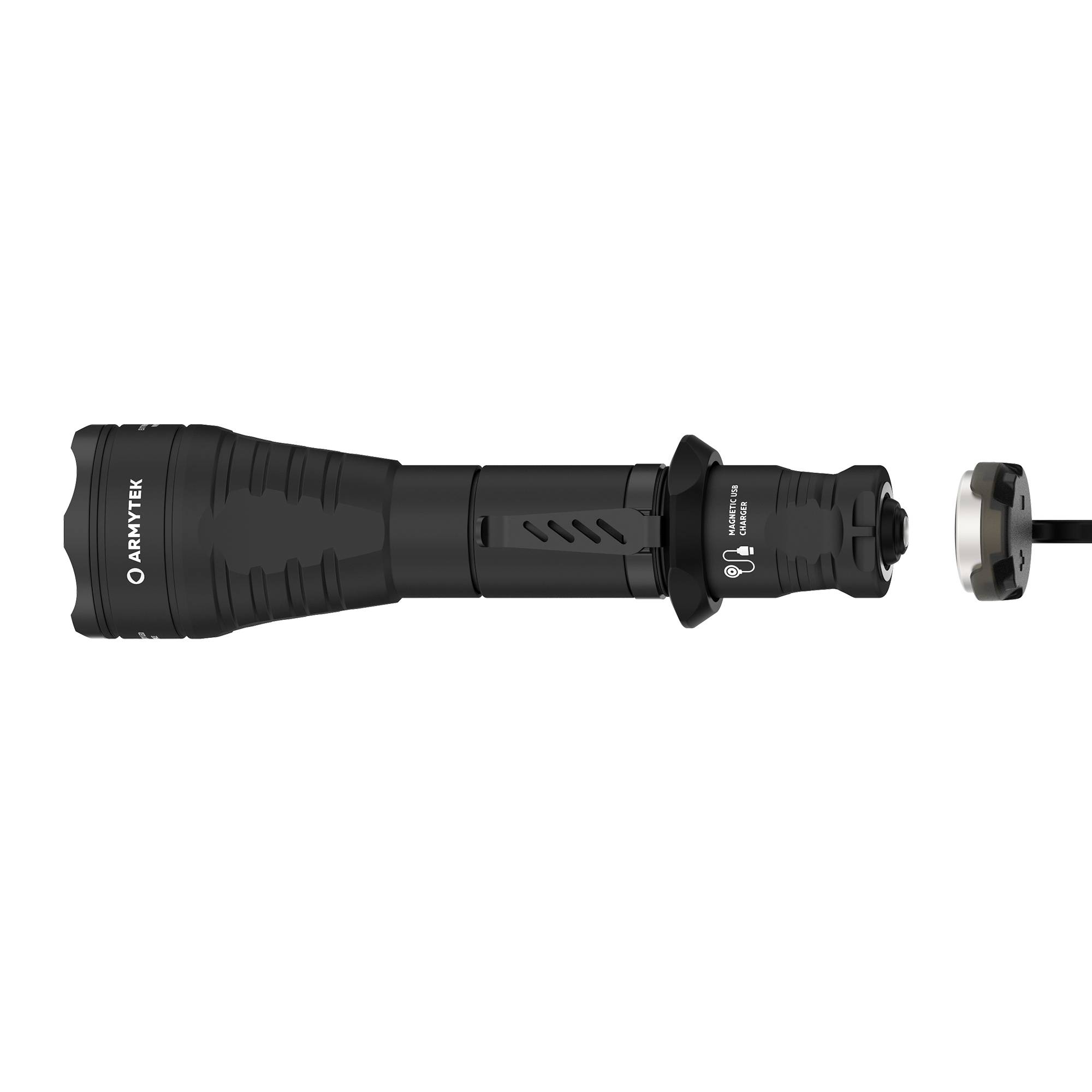 Eine taktische Taschenlampe in schwarz mit robustem Design, schmalem Griff und fokussiertem Scheinwerfer, neben einem separaten Batteriefach.