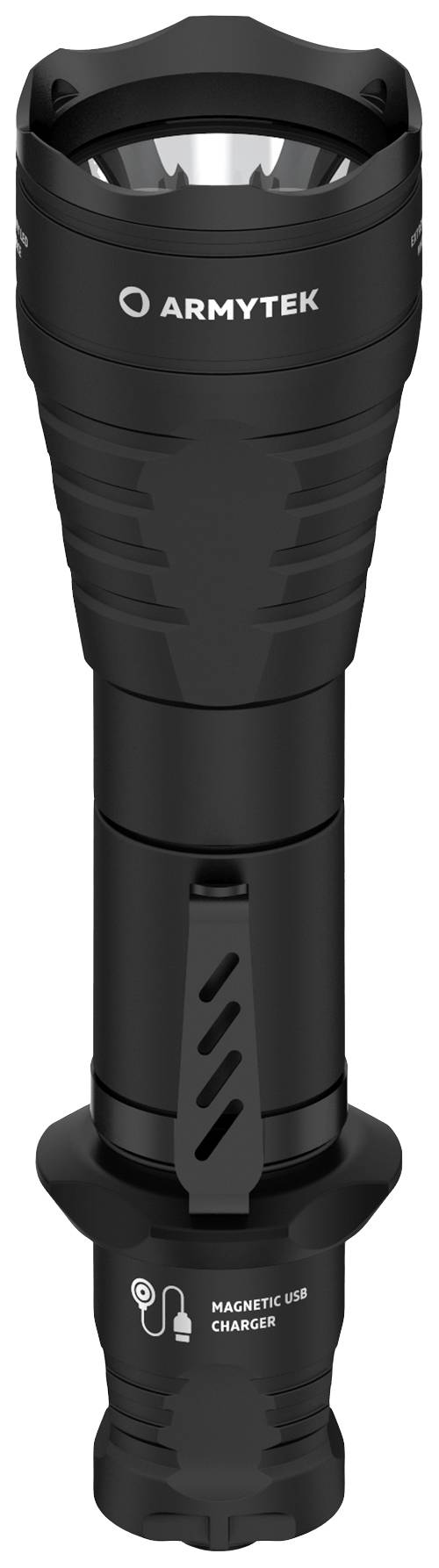 Taschenlampe mit robustem, schwarzem Gehäuse und magnetischem USB-Ladeanschluss, markiert mit 'ARMYTEK'.