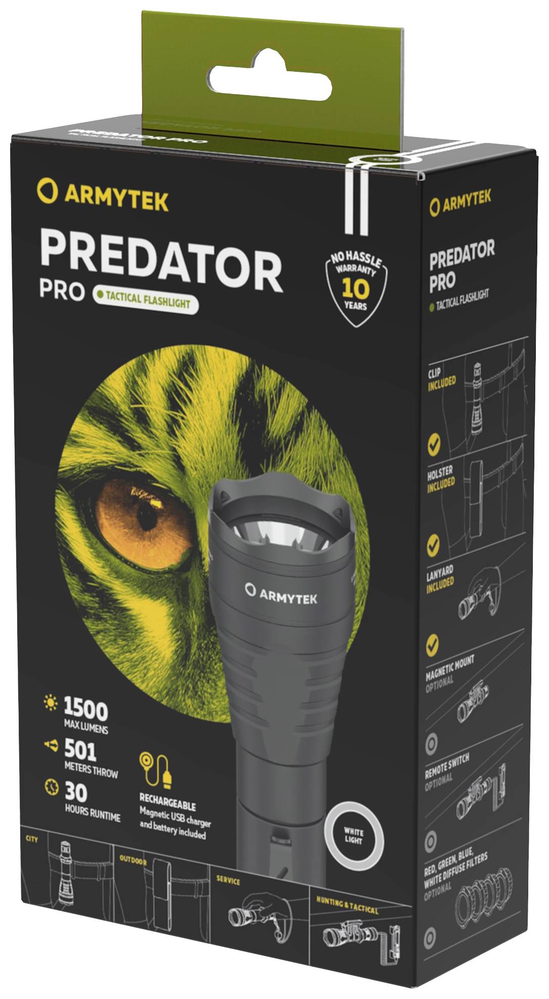 Taktische Taschenlampe 'Predator Pro' von Armytek mit 1500 Lumen, 501 Meter Reichweite, langlebig und mit 10-Jahre-Garantie. Verpackungsdesign mit Tieraugenmotiv.