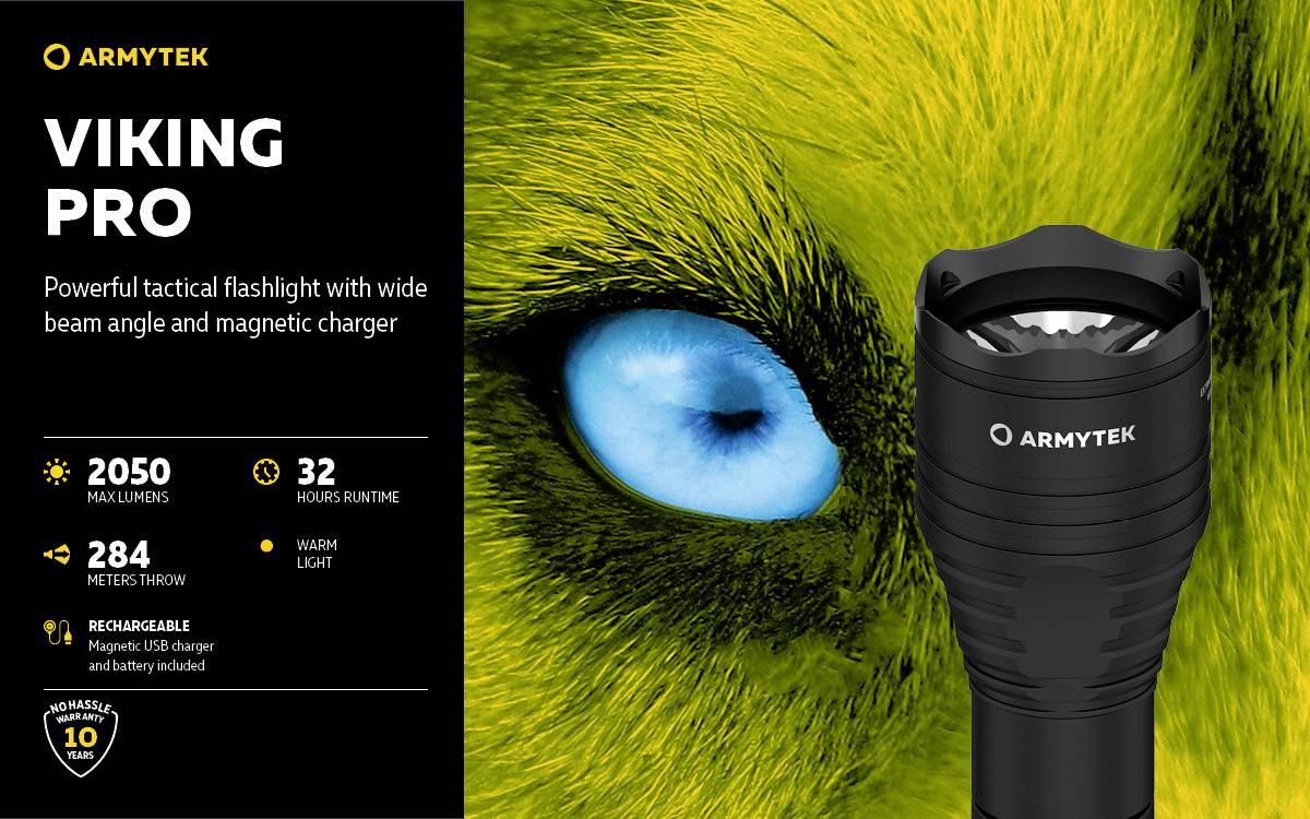 'ARMYTEK VIKING PRO' Taschenlampe, 2050 Lumen, 284 Meter Reichweite, 32 Stunden Laufzeit. Abgebildet neben einem Tierauge.