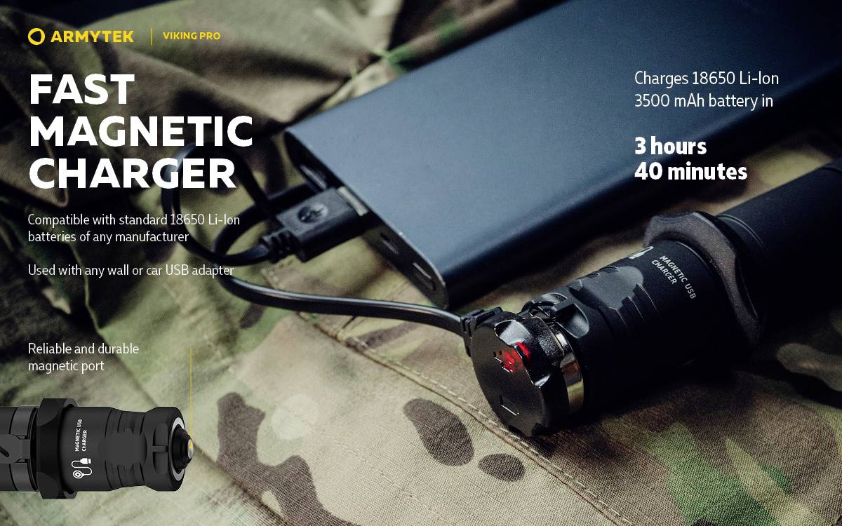 Ladegerät lädt 18650 Li-Ion 3500 mAh-Akku in 3 Stunden 40 Minuten. Kompatibel mit Standard-18650-Akkus. Robuster Magnetanschluss.