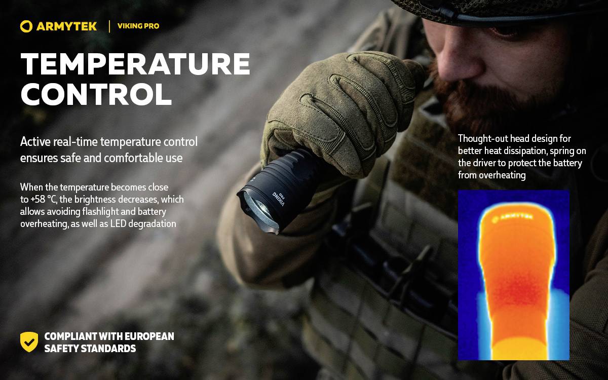 'TEMPERATURE CONTROL', ein Mann hält eine Taschenlampe. Text beschreibt aktives Temperaturmanagement zur Vermeidung von Überhitzung.