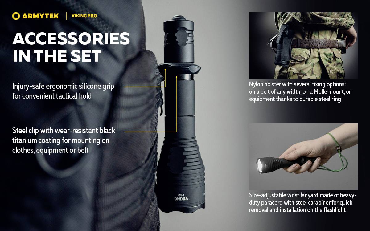 'ACCESSORIES IN THE SET' - Abnehmbare Taschenlampe mit ergonomischem Griff, Stahlclip, Halterung am Gürtel und Paracord-Schlaufe.