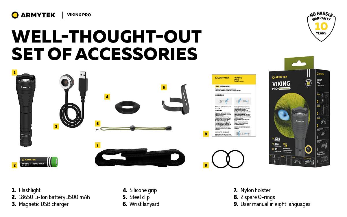 'Viking Pro' Zubehörset inklusive Taschenlampe, Akku, USB-Ladegerät, Silikongriff, Clip, Handschlaufe, Holster, Ersatz-O-Ringe, Anleitung.