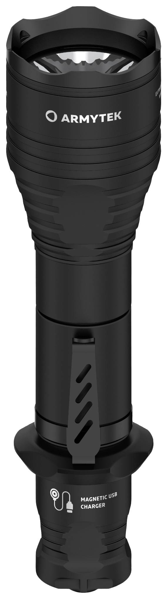 Schwarze Taschenlampe mit robustem Design und Markenlogo, hat einen magnetischen USB-Ladeanschluss am unteren Ende.