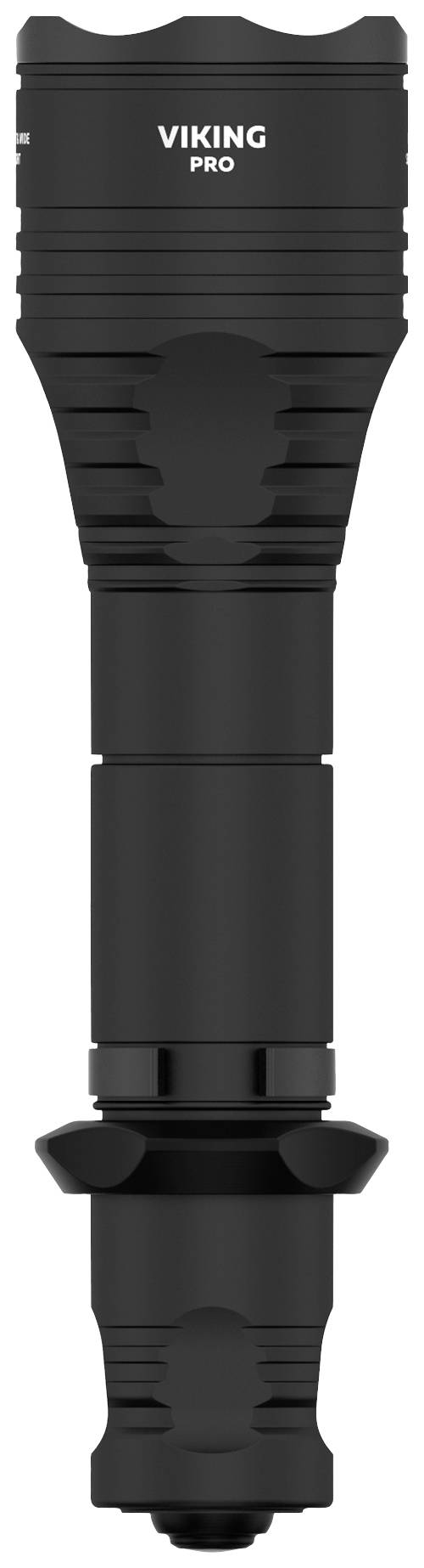 Eine schwarze Taschenlampe mit der Aufschrift 'Viking Pro' auf dem Kopf.