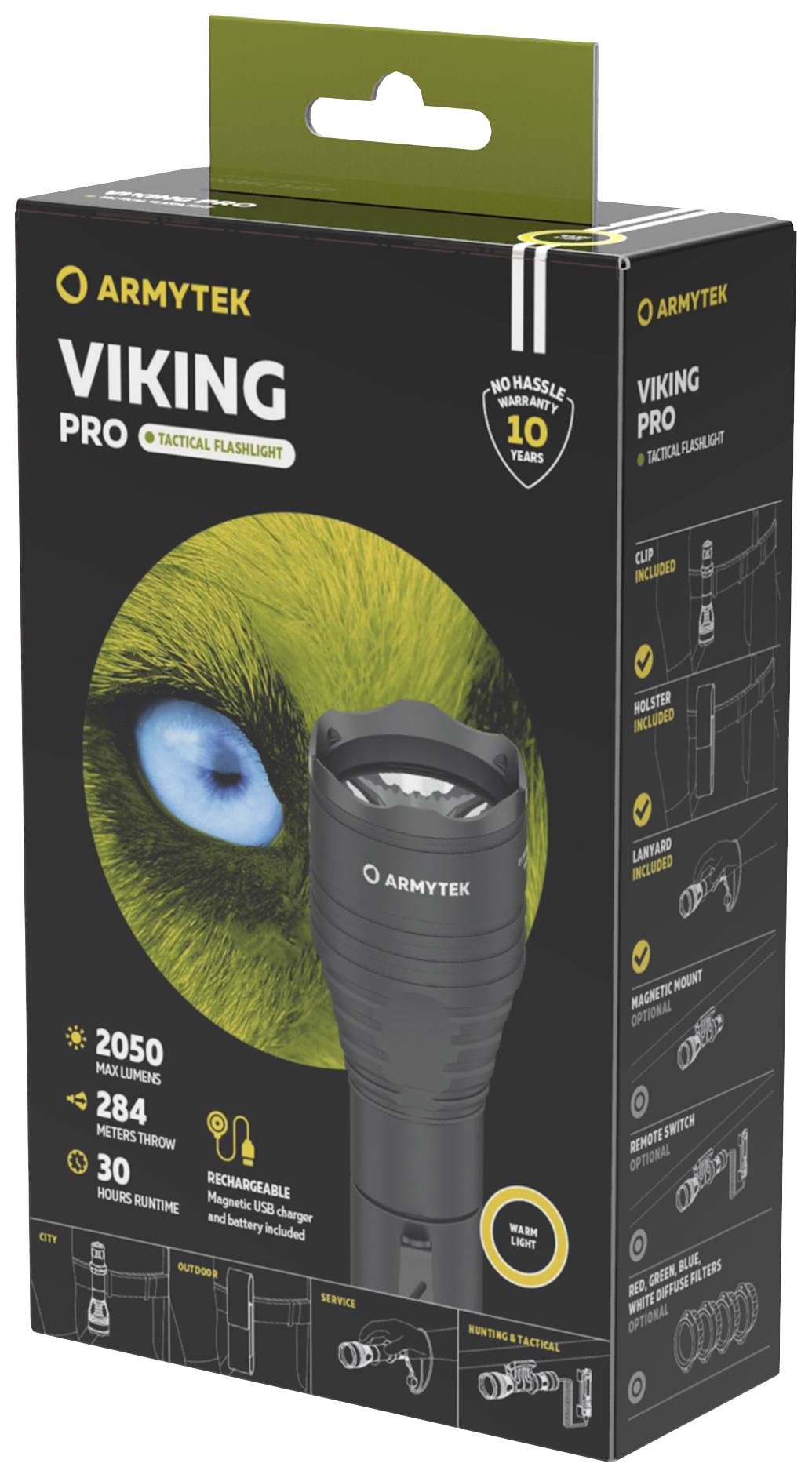 Schwarze Verpackung einer Taschenlampe von Armytek, Modell Viking Pro. Hebt 2050 Lumen, 284 Meter Reichweite und Wiederaufladbarkeit hervor.