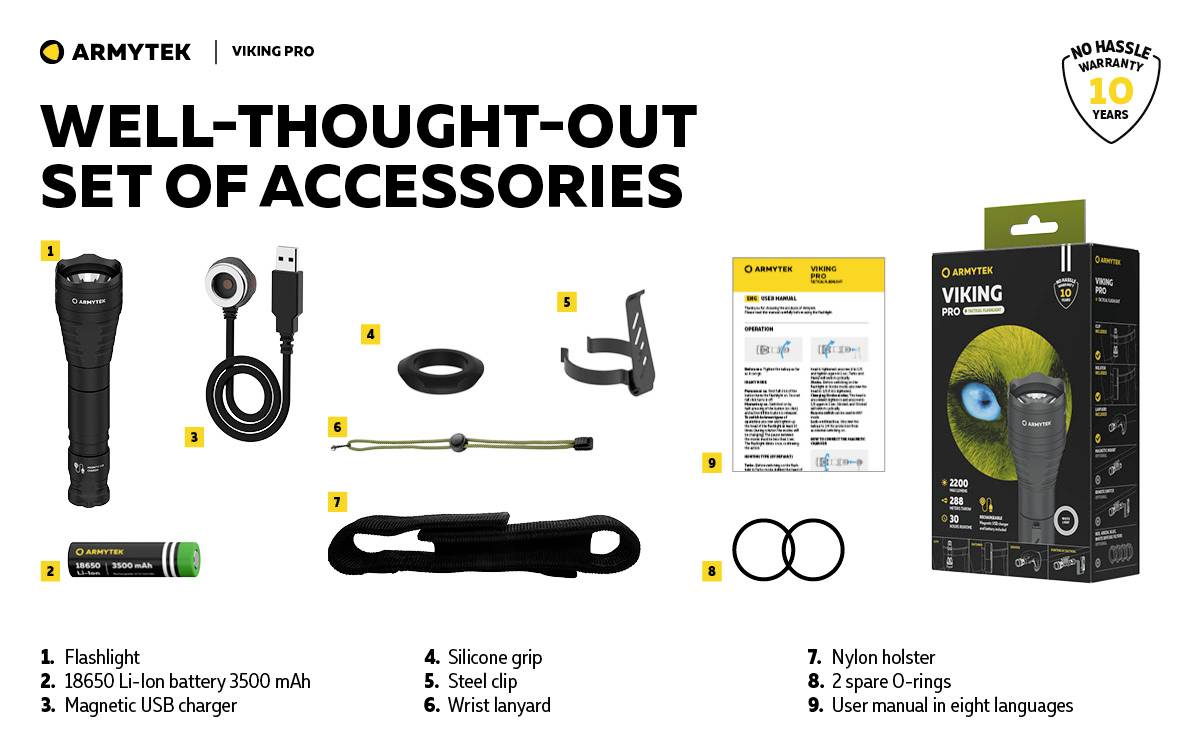 'VIKING PRO' Zubehörset von Armytek: Taschenlampe, 18650 Akku, USB-Ladegerät, Silikongriff, Gürtelclip, Trageschlaufe, Nylonholster, O-Ringe, mehrsprachige Anleitung.