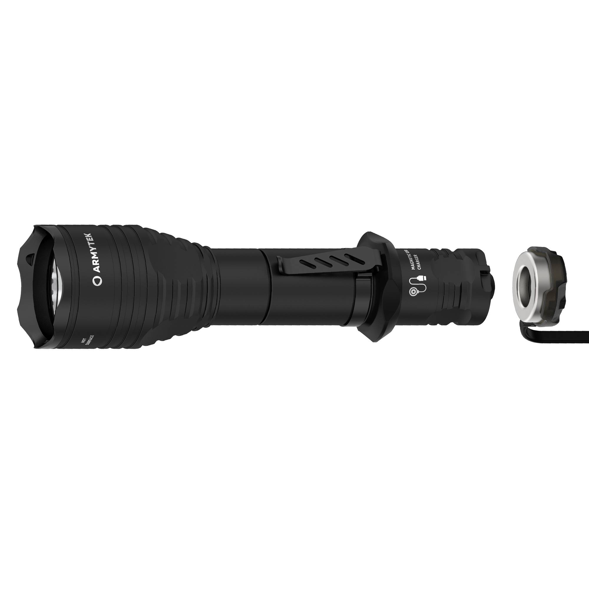 Oder die Abbildung zeigt eine schwarze Taschenlampe mit abgenommenem Batteriefachdeckel, der seitlich liegt.