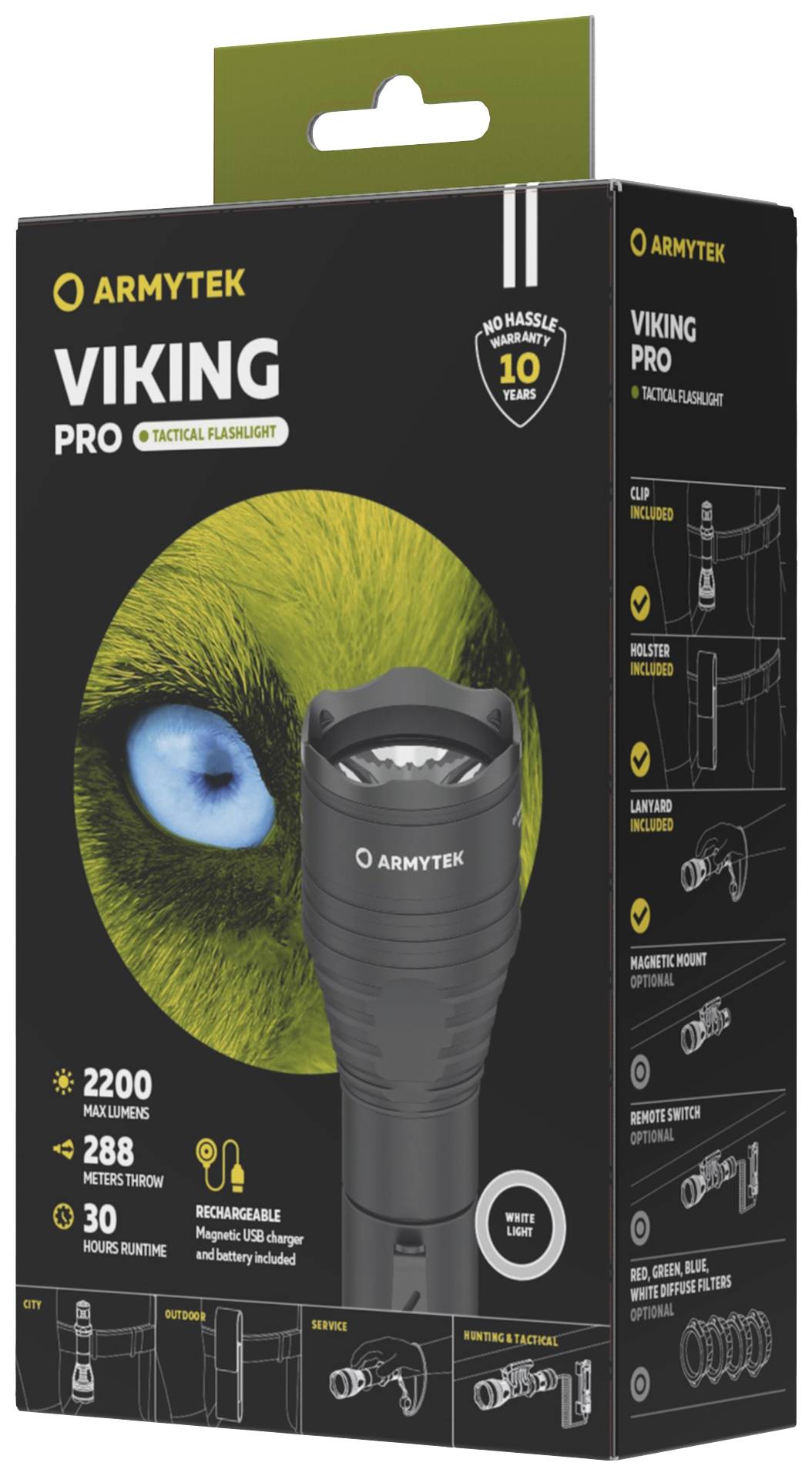 Verpackung einer taktischen Taschenlampe 'Viking Pro' von Armytek, 2200 Lumen, Reichweite 288m, 10 Jahre Garantie, abgebildet mit Zubehör.