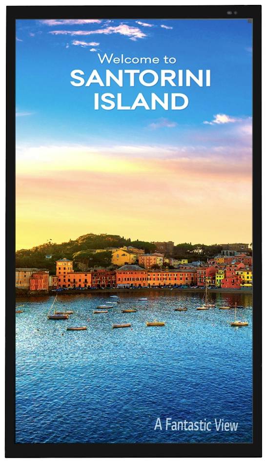 Malerische Küste von Santorini mit bunten Gebäuden und ruhigem Meer. Text: Willkommen auf Santorini Island.