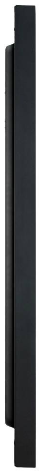 Seitliche Ansicht eines schwarzen, flachen Rechtecks, möglicherweise ein elektronisches Gerät oder Bildschirm, auf hellem Hintergrund.
