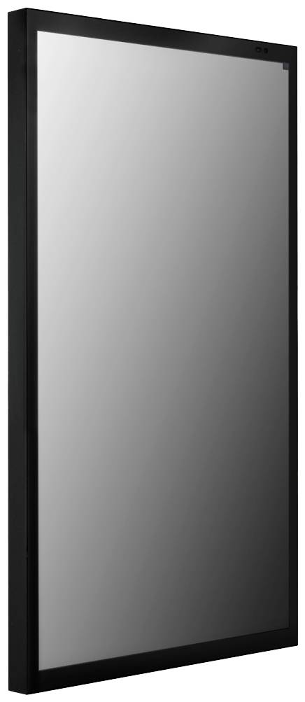 Schwarzer, rechteckiger Spiegel mit glatter Oberfläche und dünnem Rahmen.