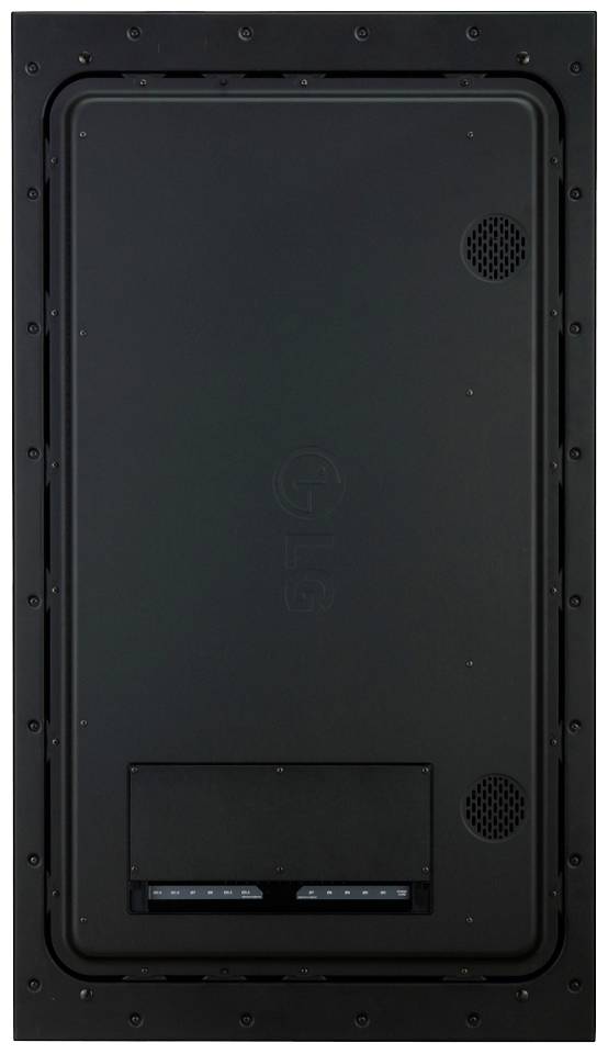 Schwarze rechteckige elektronische Vorrichtung mit Lüftungsöffnungen; Vorderansicht auf eine Abdeckung oder Panel in einem Gehäuse.