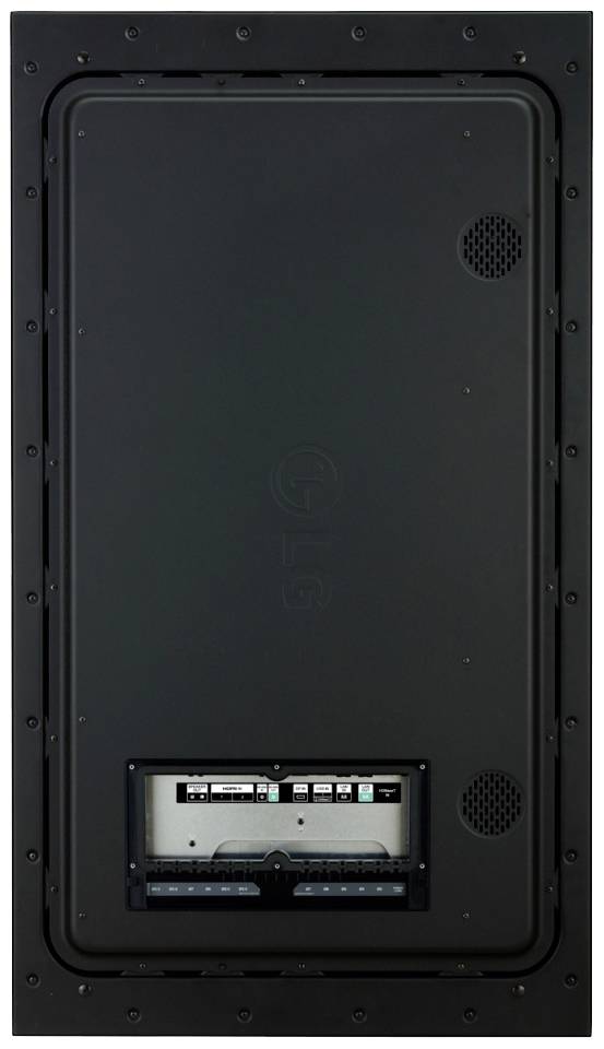 Ein rechteckiger, wandintegrierter Lautsprecher mit Lüftungsschlitzen und Anschlüssen im unteren Bereich, eingekapselt in schwarzem Gehäuse.