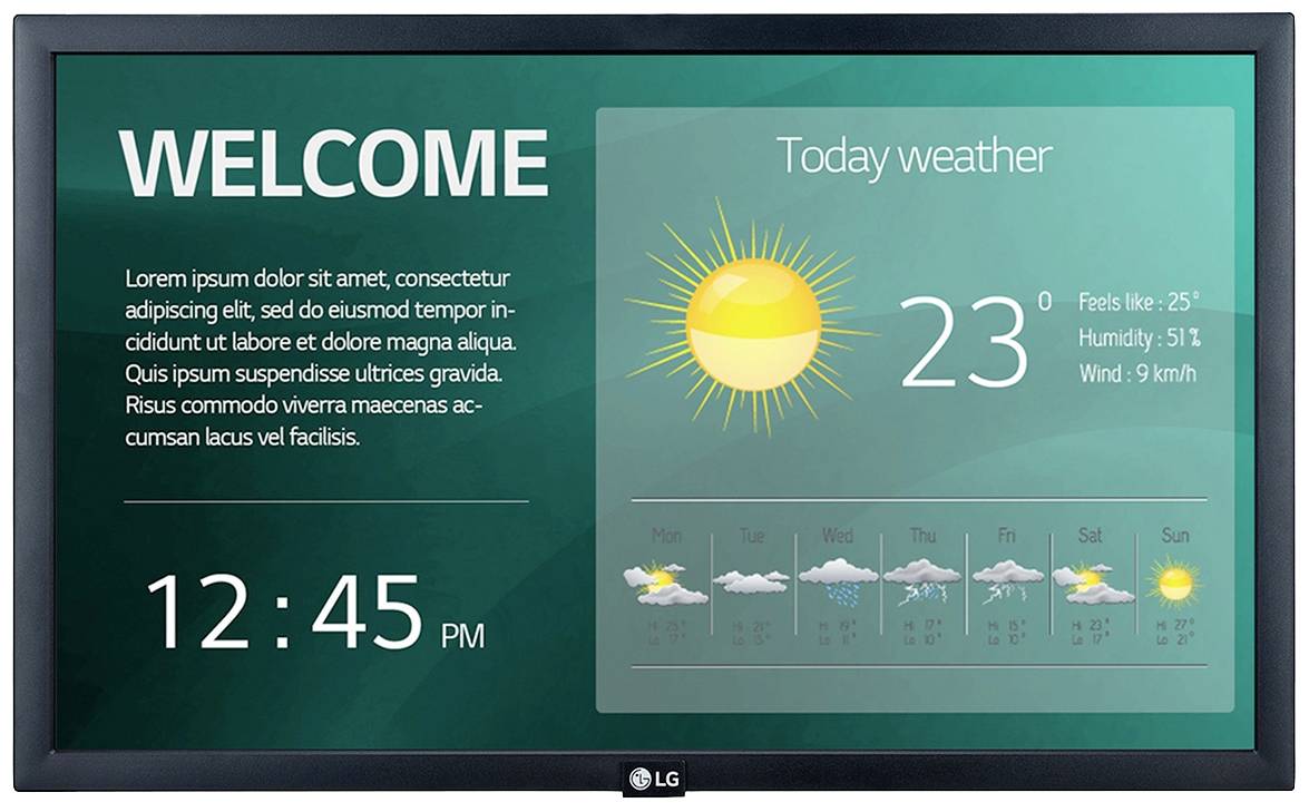 'Willkommen'-Bildschirm mit Wetteranzeige: 23°C, fühlt sich an wie 25°C, Luftfeuchtigkeit 51%, Wind 9 km/h, Vorschau auf die Woche.