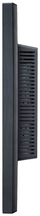 Seitenansicht eines flachen, rechteckigen elektronischen Geräts mit Ventilationsschlitzen auf der Rückseite.