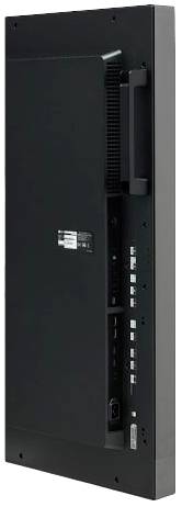 Ein schwarzer elektronischer Monitor zeigt die Rückseite mit verschiedenen Anschlüssen und einem Griff an der rechten Seite.