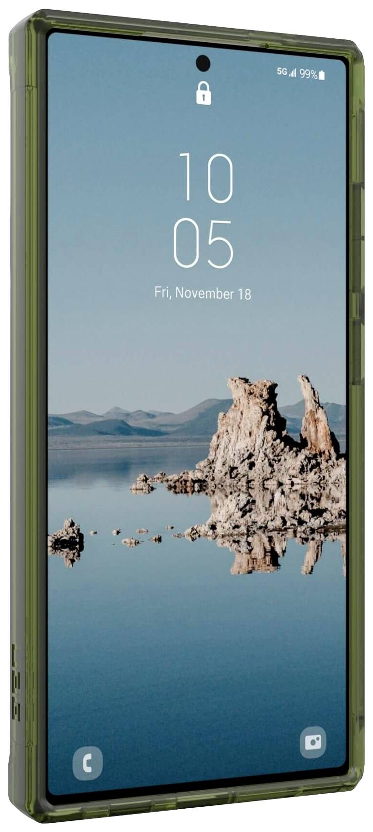 Handy mit einem Hintergrundbild von einem ruhigen See mit Felsen und Bergen im Hintergrund. Oben sind Uhrzeit und Datum sichtbar.