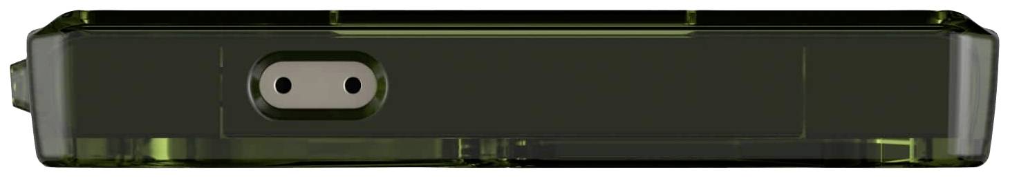 Smartphone in einer dunklen, transparenten Hülle. Ansichten des Rahmen und der Kameraöffnung.