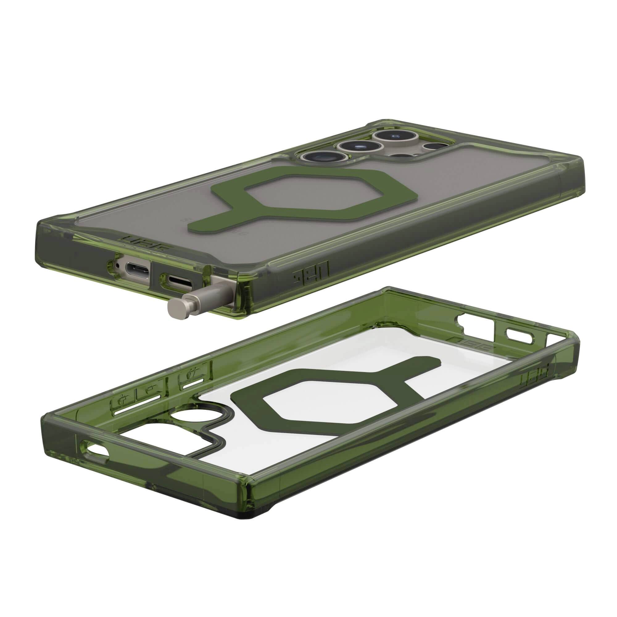 Ein grünes Smartphone-Case mit durchsichtigem Polster, verdeckter Rückseite und Präzisionsausschnitten für Anschlüsse und Kamera.