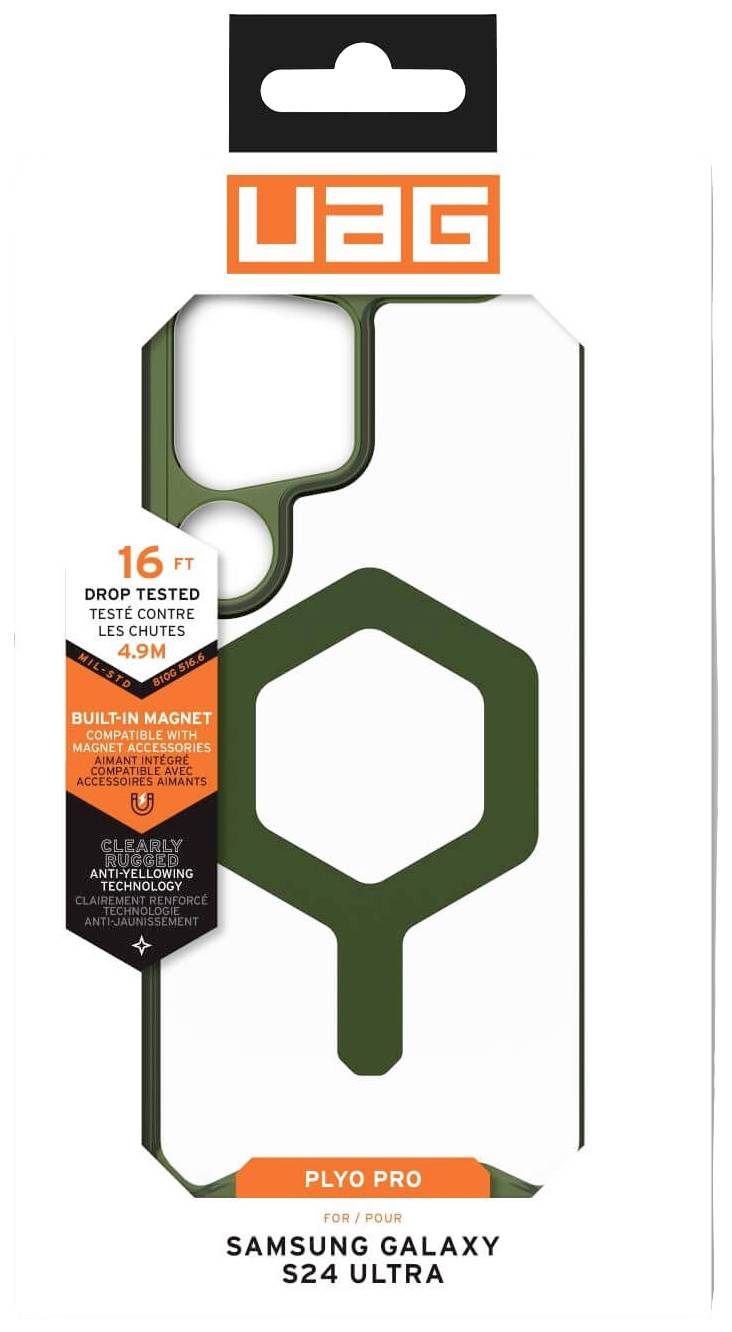 Verpackung einer Smartphone-Hülle für Samsung Galaxy S24 Ultra, markiert mit '16 FT Drop Tested', eingebautem Magneten und grünem Design.