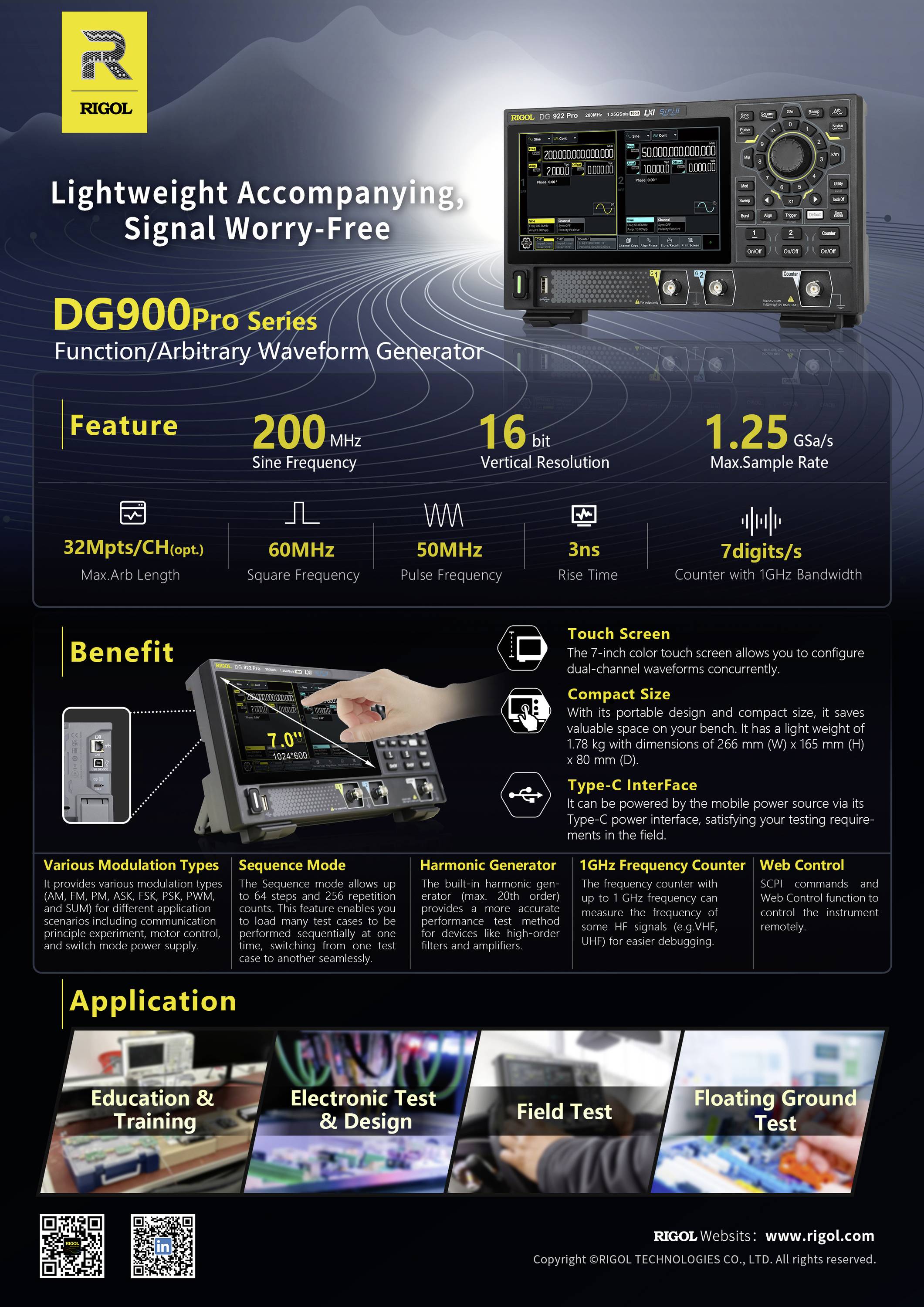 Rigol DG902 Pro Funktionsgenerator netzbetrieben 1 µHz - 70MHz 2-Kanal Sinus, Rechteck, Rampe, Puls, Arbiträr, Rauschen
