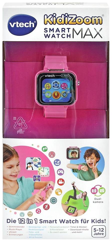 Verpackung einer pinken VTech KidiZoom Smart Watch MAX für Kinder. Enthält Beispiele für Apps und Funktionen, geeignet für 5-12 Jahre.