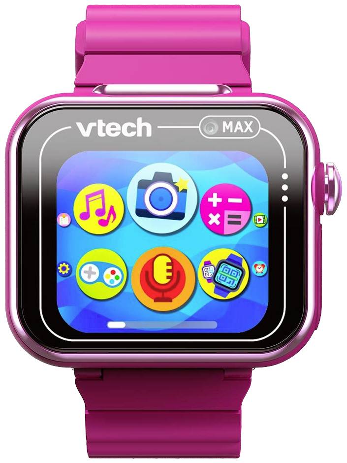 Eine pinke Kinder-Smartwatch mit Apps für Musik, Kamera, Spiele und Mikrofon auf dem Display.