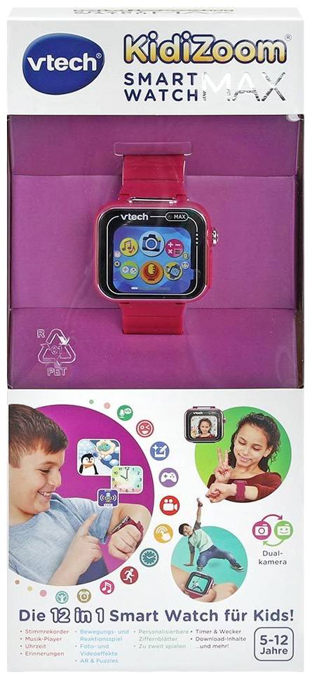 'VTech Kidizoom Smart Watch Max' Verpackung zeigt eine rote Smartwatch. Geeignet für Kinder von 5-12 Jahren mit Dualkamera und Spielen.