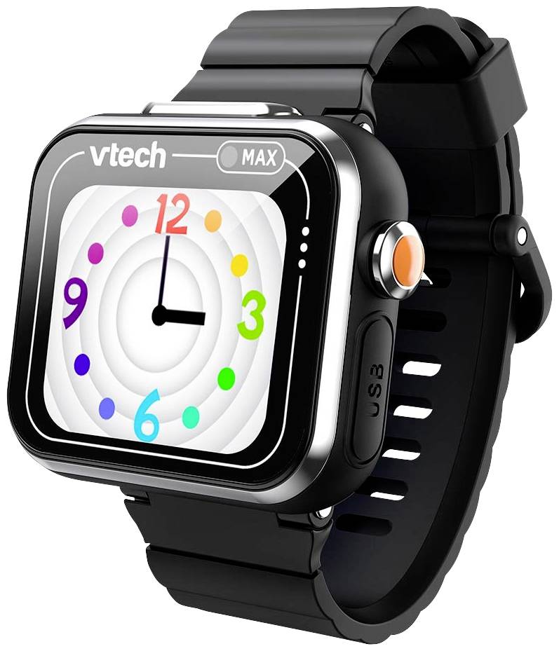 Eine schwarze Smartwatch mit farbigem Zifferblatt und einfacher Zeitanzeige. Markenname 'vtech' oben, Druckknopf an der Seite.