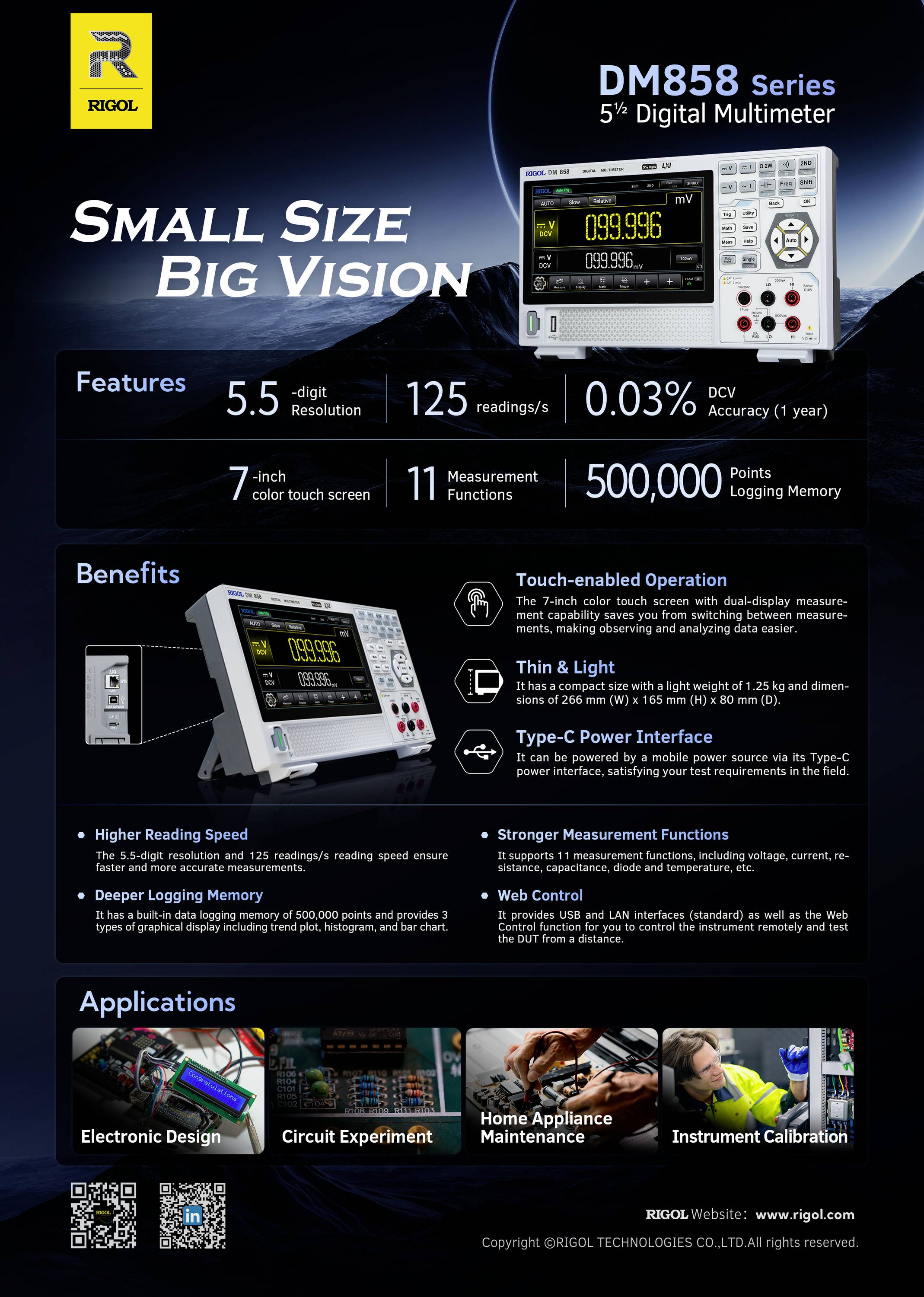 Rigol DM858 Tisch-Multimeter digital CAT I 1000 V, CAT II 300V Anzeige (Counts): 500000