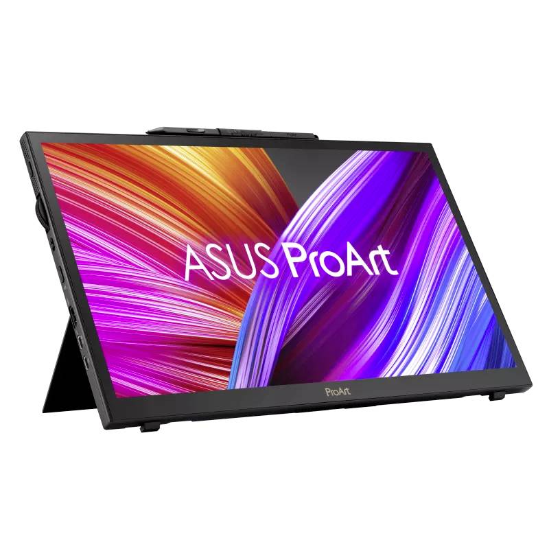 Ein ASUS ProArt-Monitor mit lebhaften Farben auf dem Display. Das Display zeigt abstrakte Farbverläufe in Orange, Pink, Lila und Blau.