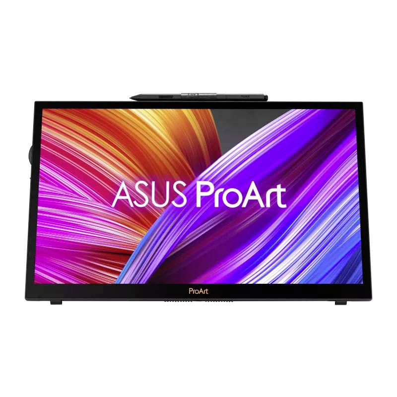 Das Bild zeigt einen ASUS ProArt Monitor mit leuchtenden Farbstreifen in Orange, Rot und Violett auf dem Bildschirm.