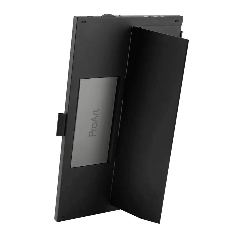 Rückansicht eines schwarzen Monitors mit dem Schriftzug 