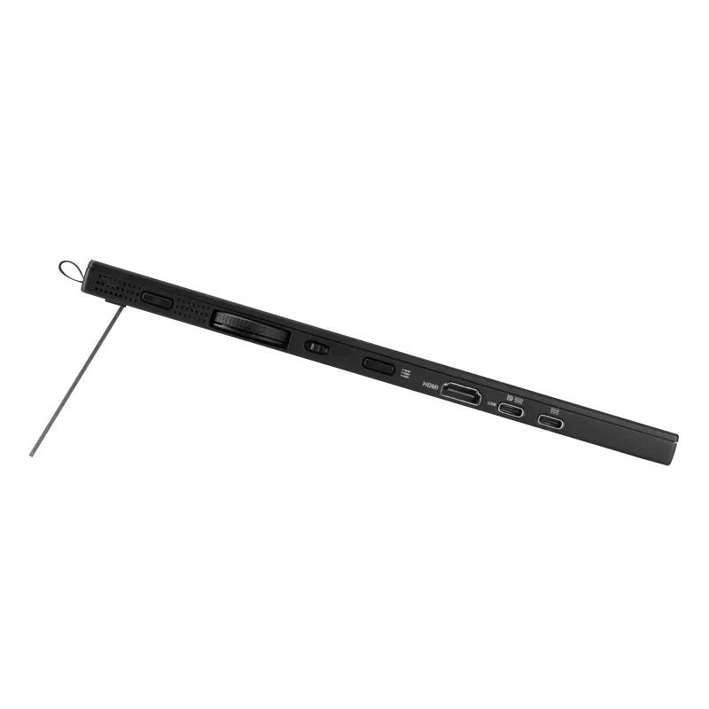 Dünner schwarzer externer DVD-Brenner in seitlicher Ansicht mit mehreren Anschlüssen und einem ausziehbaren Fuß zur Stabilisierung.