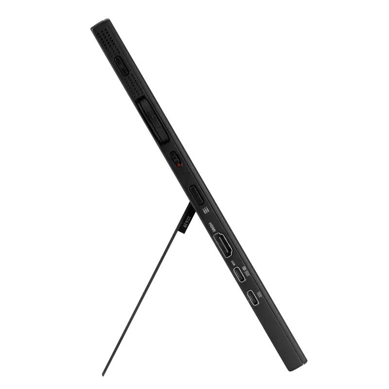 Ein flacher, schwarzer Bildschirm von der Seite, auf einem Ständer stehend. Anschlüsse und Tasten sind sichtbar. Klarer, minimalistischer Stil.