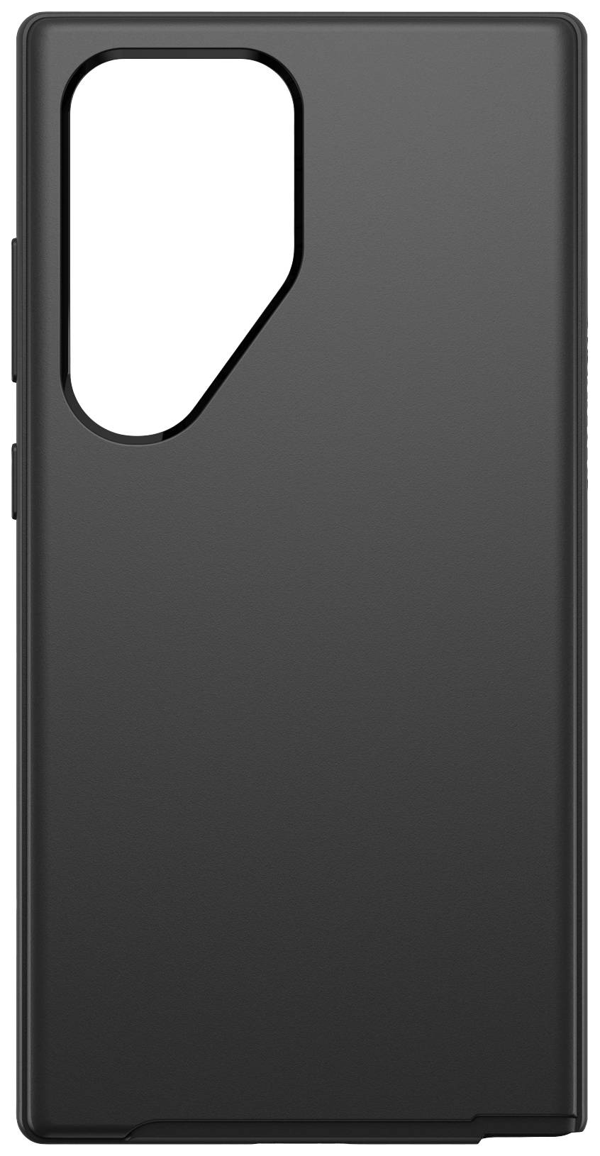 Schwarzes Smartphone-Case mit schlichtem Design. Es hat präzise Aussparungen für Kamera und Knöpfe sowie eine glatte Oberfläche.
