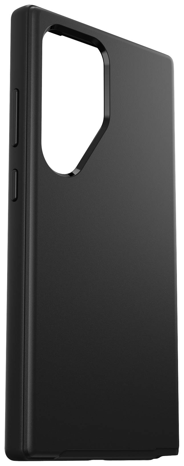 Schwarzes Smartphone-Gehäuse mit rechteckigem Ausschnitt für die Kamera auf der Rückseite, seitliche Tasten sichtbar.