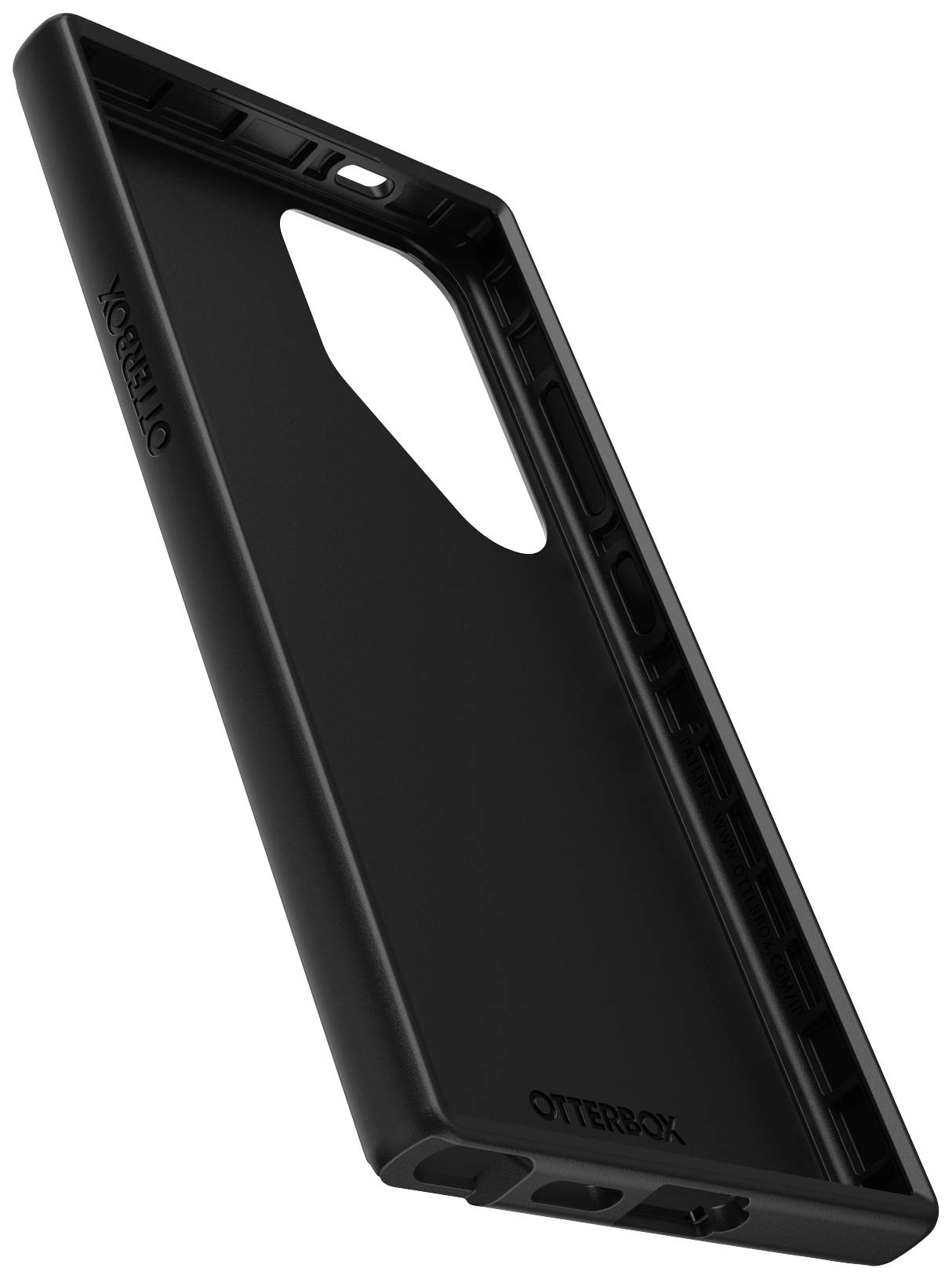 Schwarze Handyhülle mit eckigem Design und Aussparung für Kamera. Robust, OtterBox-Logo seitlich. Schutz für Smartphones.