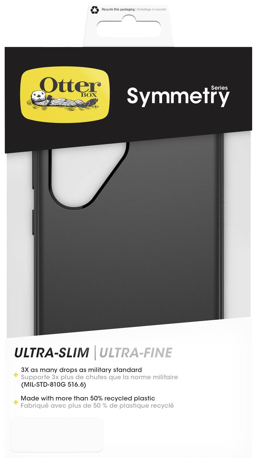Ultradünne schwarze Handyhülle der Marke OtterBox, Serie Symmetry, mit recyceltem Kunststoffanteil von über 50%. Verpackung wird gezeigt.