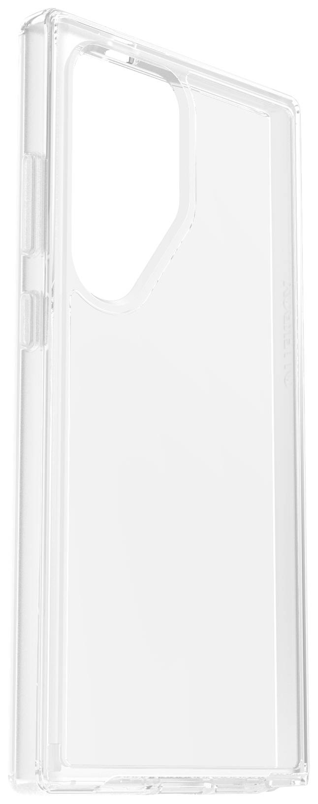 Transparente Smartphone-Schutzhülle mit Ausschnitt für Kamera. Rechteckige Form, klare Farbe, minimalistisch gestaltet.