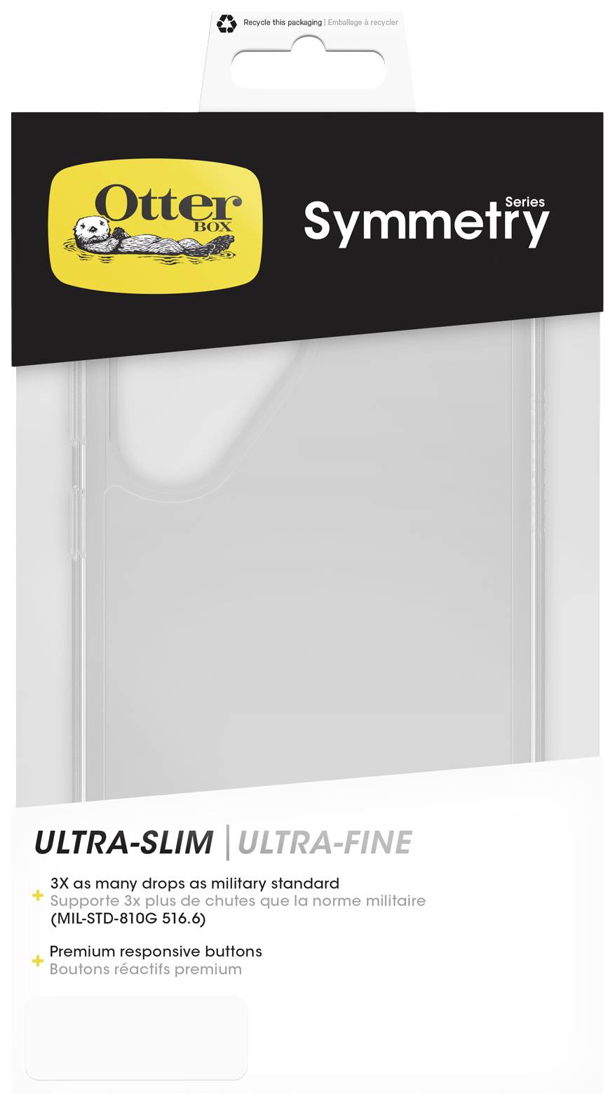 'OtterBox Symmetry Series'-Verpackung für ein ultra-schlankes transparentes Smartphone-Case, betont Sturzschutz und responsive Tasten.
