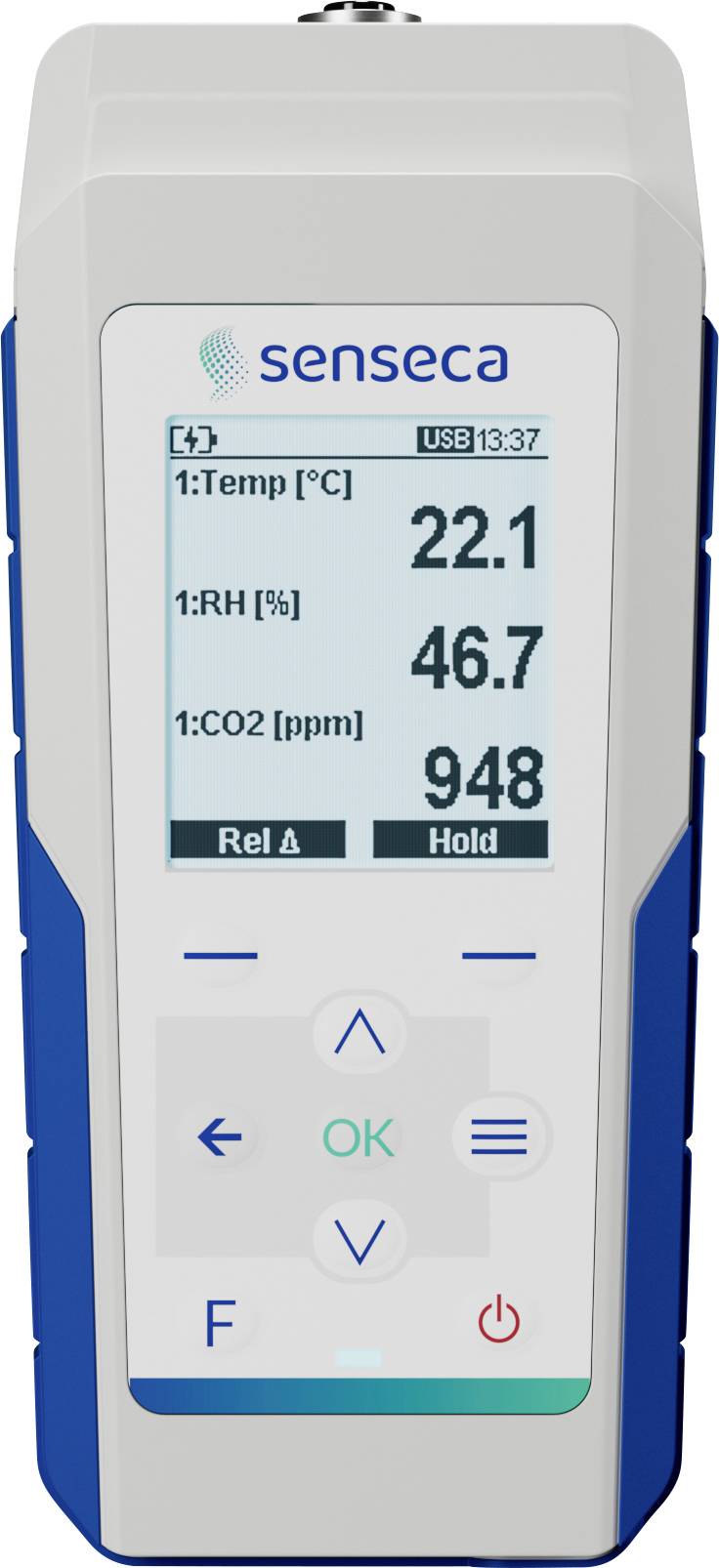 Ein digitaler Umweltsensor zeigt Messungen an: Temperatur 22,1 °C, relative Luftfeuchtigkeit 46,7 %, CO2-Werte bei 948 ppm.