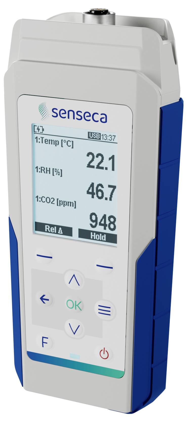 Ein Handgerät zeigt Messungen auf seinem Display: Temperatur 22,1°C, relative Luftfeuchtigkeit 46,7% und CO2-Konzentration 948 ppm.