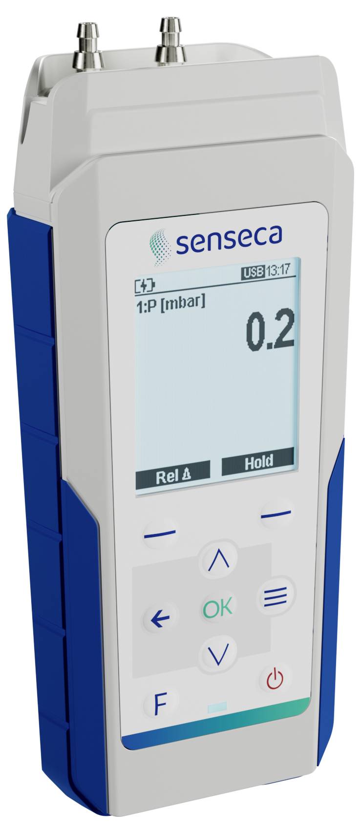 Digitales Druckmessgerät mit Anzeige '0,2 mbar' und Tasten für 'Rel ∆', 'Hold' und Navigation. Markenname 'senseca' sichtbar.