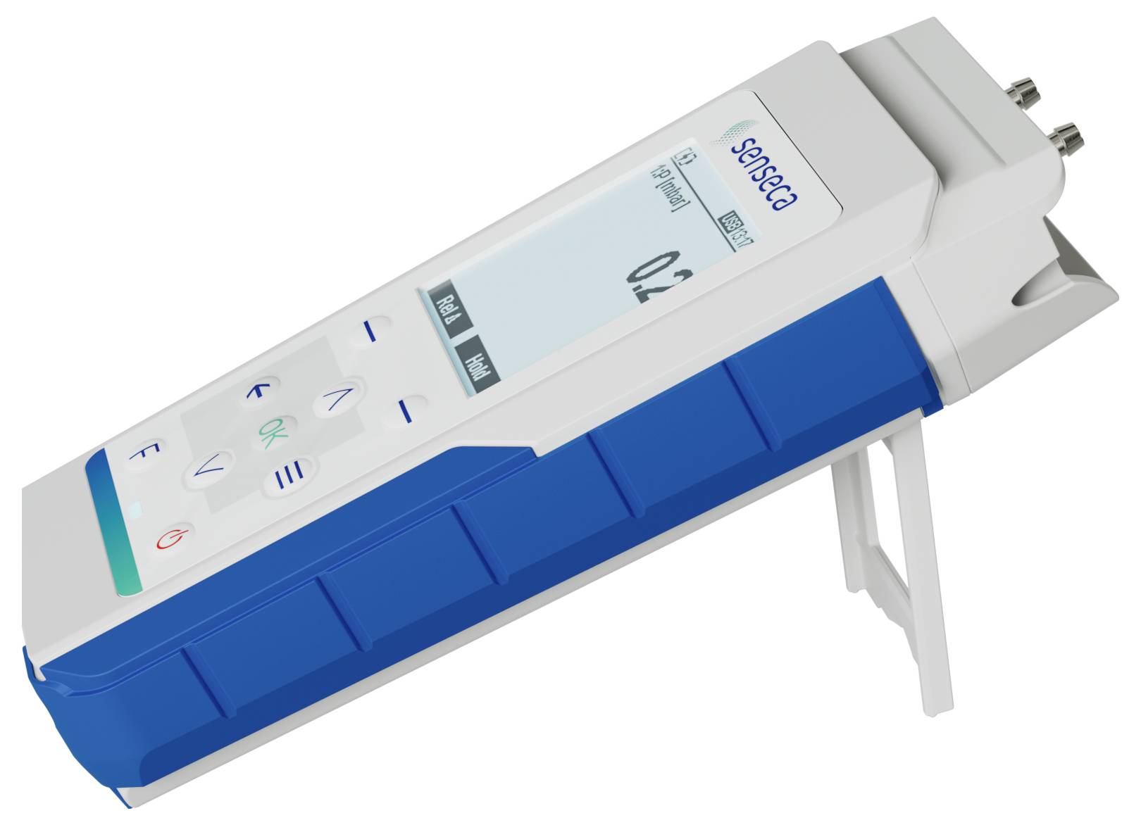 Ein digitales tragbares Gerät, das Messungen auf einem Bildschirm mit Steuerungstasten anzeigt und ein Design in Blau und Weiß aufweist.